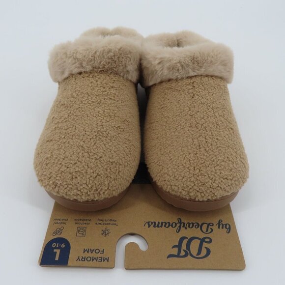 Dearfoams Women Large 9-10 Beige Fuzzy Memory Foam Indoor Outdoor Slippers NEW - Picture 2 of 14